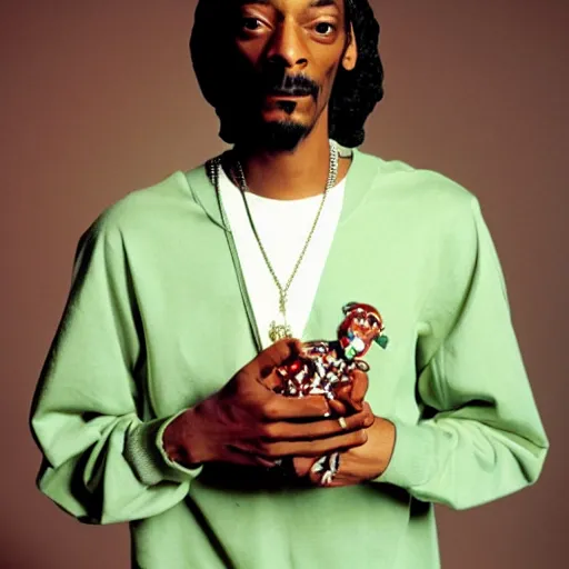 Prompt: Snoop Dogg holding two robots for a 1990s sitcom tv show, Studio Photograph, portrait, C 12.0