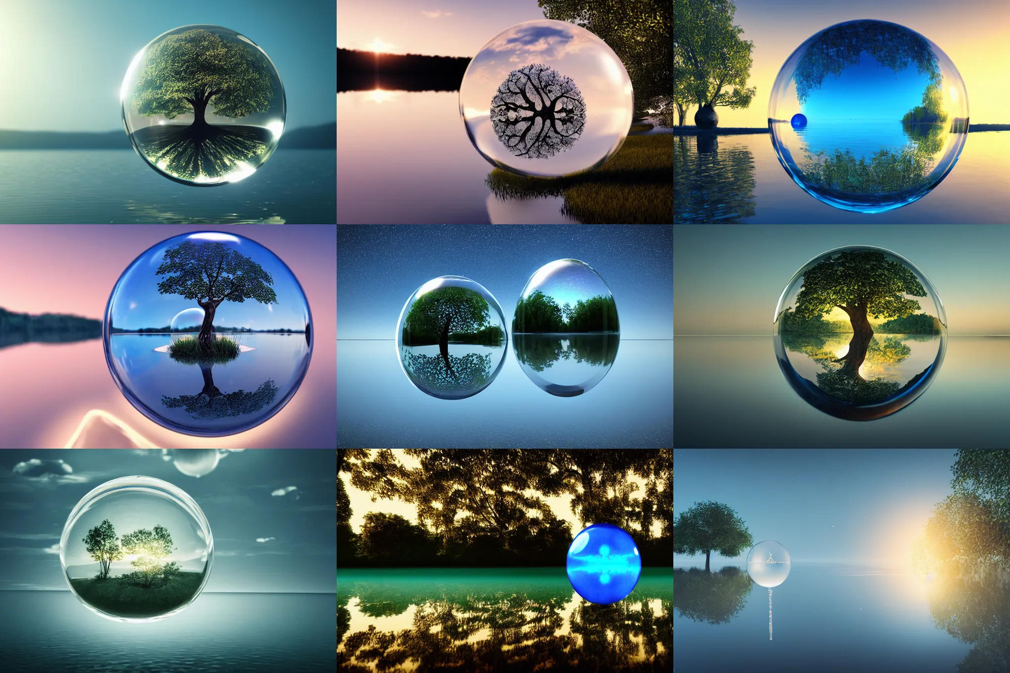 Prompt: glowing transparent crystal ball on a beautiful serene lake, ripples, tree of life inside the ball, intricate details, reflections, ripples, glowing sky, hyperdetailed illustration, octane render, low light