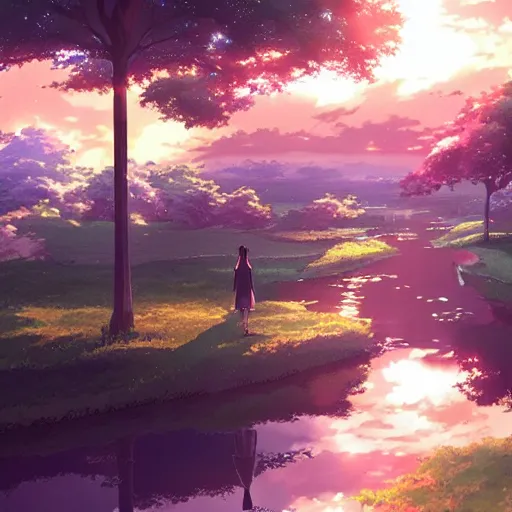 with a lavender and pink sky above. A gentle stream below reflects the  cat's silhouette. Render the scene in the detailed and emotive style of  anime artist Makoto Shinkai. - Playground