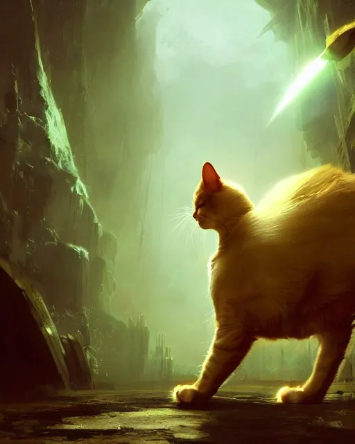 Image similar to a humanoid cat with a sword, Atmospheric beautiful by Eddie mendoza and Craig Mullins. volumetric lights volumetric lights, 8k, hd