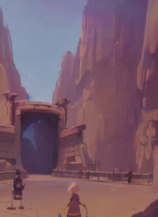 Image similar to warm canyon with giant gate entrance, nuclear powered, detailed, futuristic, cory loftis, james gilleard, atey ghailan, makoto shinkai, goro fujita, studio ghibli, rim light, exquisite lighting, clear focus, very coherent, plain background