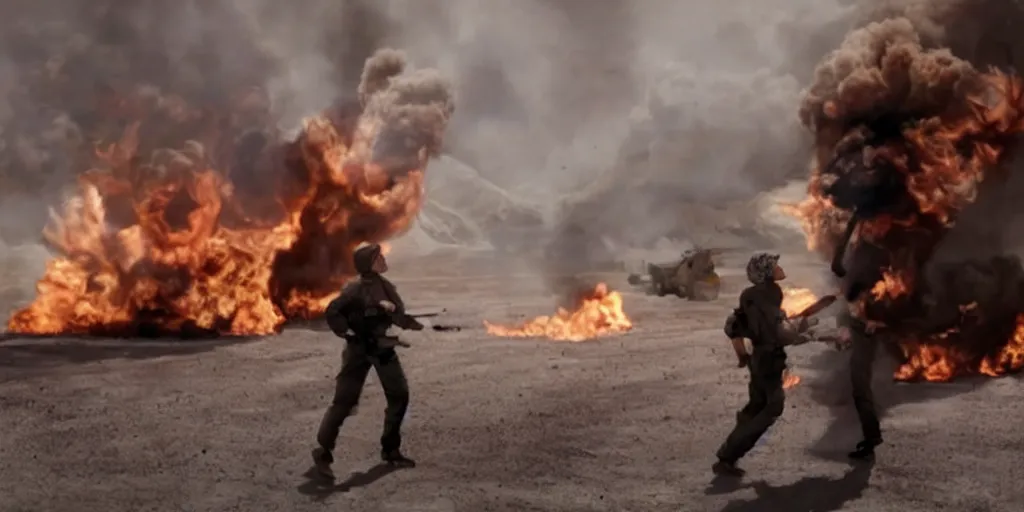 Image similar to movie still of hilary clinton fighting in libya, focused shot, close shot, realistic, smoke, fire, octane render