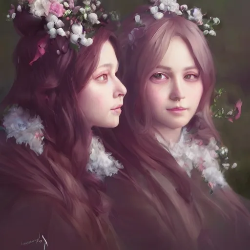 Image similar to a highly detailed portrait of sisters with purpure very very long hair, There are large snow-white peonies in the background, artstation, highly detailed, portrait, by krenz cushart