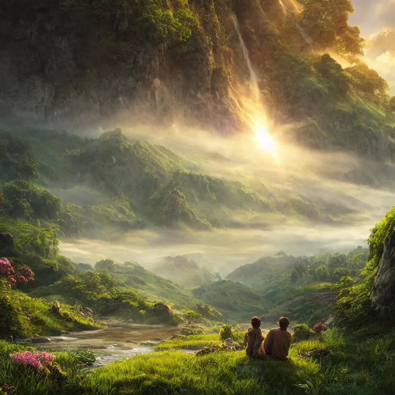 Prompt: a young man sitting and looking out at a lord of the rings scenery landscape, vast lush valley flowers, stream, sunrise, god's rays highly detailed, vivid colour, soft clouds, floral sunset, cinematic lighting, perfect composition, 8 k, gustave dore, derek zabrocki, greg rutkowski, belsinski, octane render