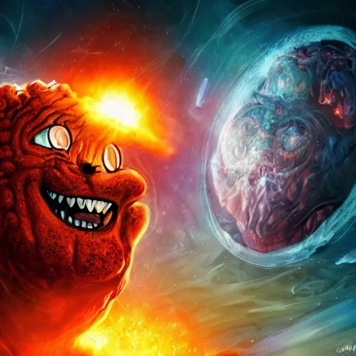 Image similar to one eldritch horror bloody garfield in space, galaxy, hd, 8 k, explosions, gunfire, lasers, giant, epic, realistic photo, unreal engine, stars, prophecy, powerful, cinematic lighting, destroyed planet, debris, movie poster, violent, sinister, ray tracing, dynamic, print, epic composition, dark, horrific, teeth