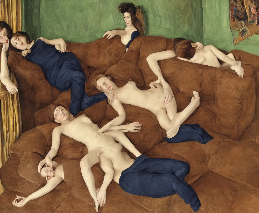 Image similar to portrait of bella and esther lying horizontal, in an old english apartment on a brown leather sofa. one is wearing a dark blue sweather, the other a white shirt. brown hair, they are looking into the camera. wide shot. in the style of lucien freud. oil painting. green mood. isometric perspective