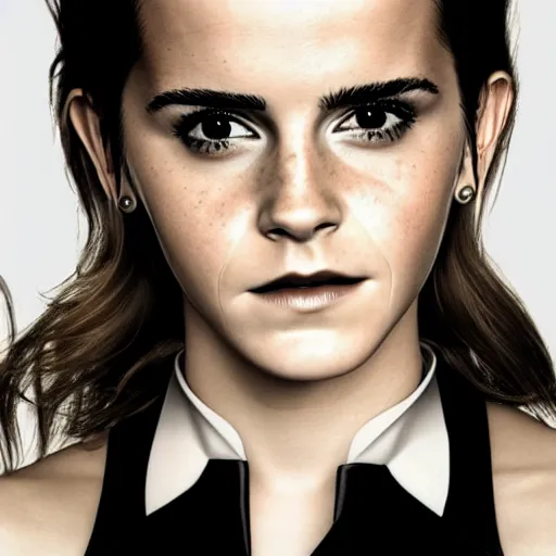 Image similar to Emma Watson in a black leather suit, octane render