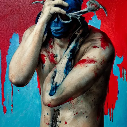 Prompt: realistic portrait photorealistic painting of bleeding young man with mask wrestler is trying to fight back. fine art, trending on artstation, smooth draw, sharp focus, digital art, bright colors.