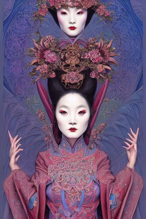 Image similar to symmetrical painting, a beautiful female immortal in transitional chinese dress, pretty, perfect face, elegant, ornate, luxury, elite, matte painting, by artgrem, by james jean, by brian froud, by wayne barlowe