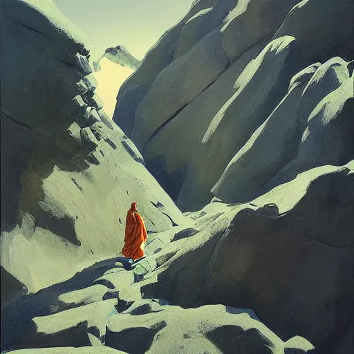 Prompt: ripped physique portrait of the astute monk blue robe climbing the treacherous mountain stairway to the monastery jamie wyeth james gilleard edward hopper greg rutkowski acrylic painting