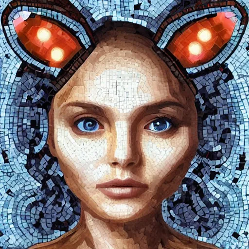 Image similar to portrait mosaic of a beautiful cute girl with robot ears and eyes by Emma Biggs, 4k, intricate details, digital, between heaven and hell