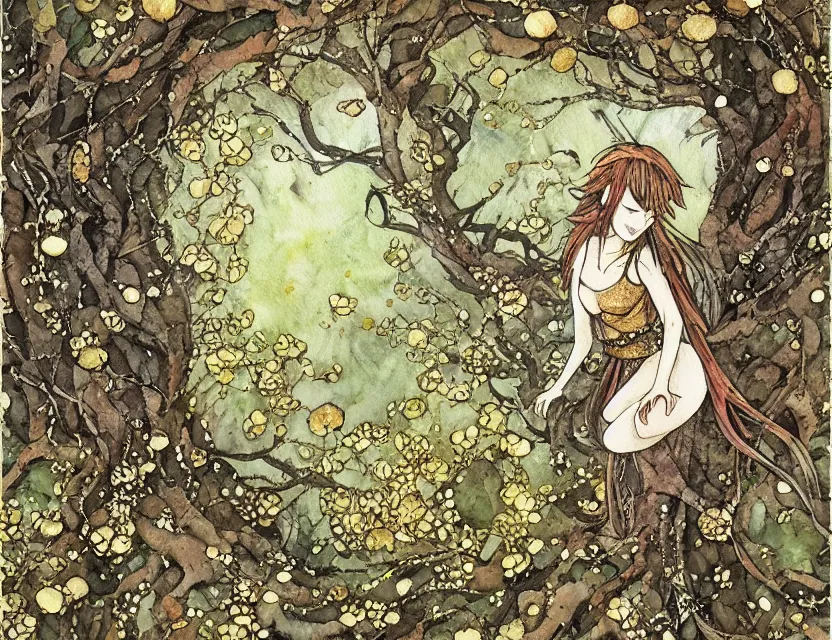 Prompt: fae fox in the lichen woods. this watercolor and gold leaf work by the award - winning mangaka has a beautiful composition and intricate details.