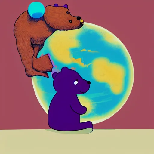 Image similar to cartoon illustration of a bear mascot being launched from a futuristic marble planet, purple and orange cloudland