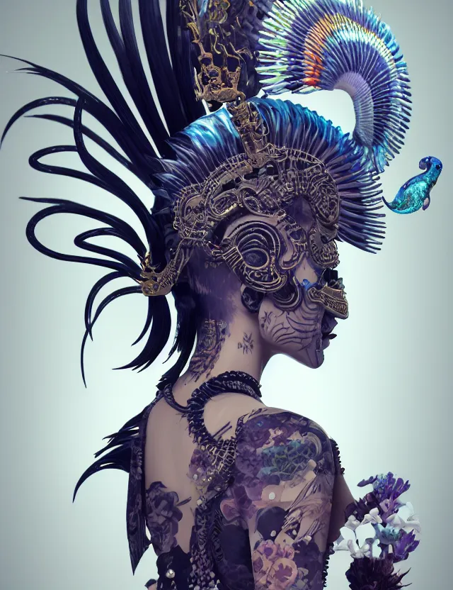 Image similar to 3 d goddess close - up profile portrait punk with mohawk with ram skull. beautiful intricately detailed japanese crow kitsune mask and clasical japanese kimono. betta fish, jellyfish phoenix, bio luminescent, plasma, ice, water, wind, creature, artwork by tooth wu and wlop and beeple and greg rutkowski