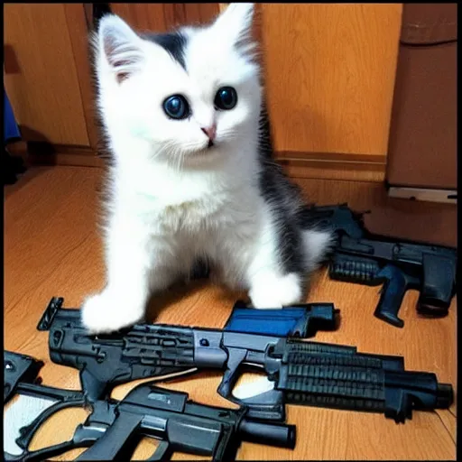 Image similar to cute fluffy cat with lots of guns