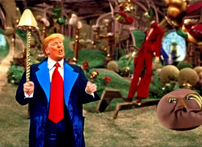 Image similar to film still of Donald Trump as Peter Pan in Willy Wonka's and the Chocolate Factory 1971