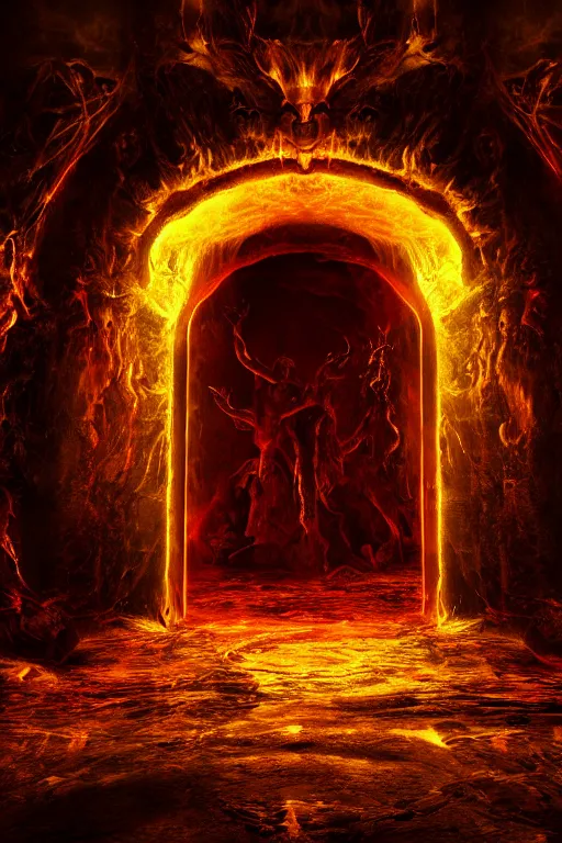 Image similar to The Gates of Hell as seen Through Gods Eyes, Visually Stimulating, Profound, Layered Shadows, Ultra Detail, Ultra Defined, Ultra High Definition, Cinematic Render, Cinematic Lighting