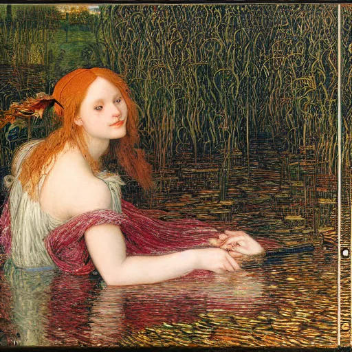 Image similar to ophelia under the river amongst the reeds, leonardo devinci, botticelli,, rosetti and monet, william holman hunt, 8 k