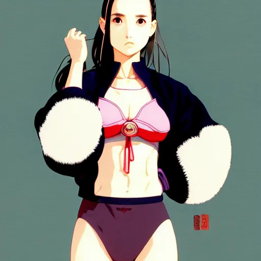 Prompt: a beautiful japanese natalie portman gravure model, wearing oversized native designer bomber jacket and leotard, bulky poofy bomber jacket with mesoamerican patterns, mesoamerican native street fashion, gapmoe yandere grimdark, trending on pixiv fanbox, painted by greg rutkowski makoto shinkai takashi takeuchi studio ghibli, akihiko yoshida