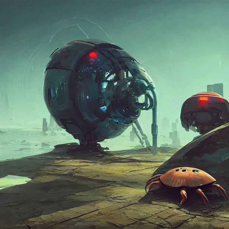 Image similar to mechanical hermit crab, sci-fi concept art, by John Harris, by Simon Stålenhag