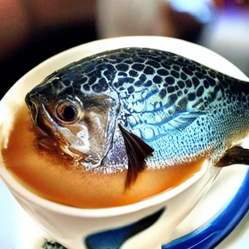 Prompt: a real fish is drinking from a cup of coffee