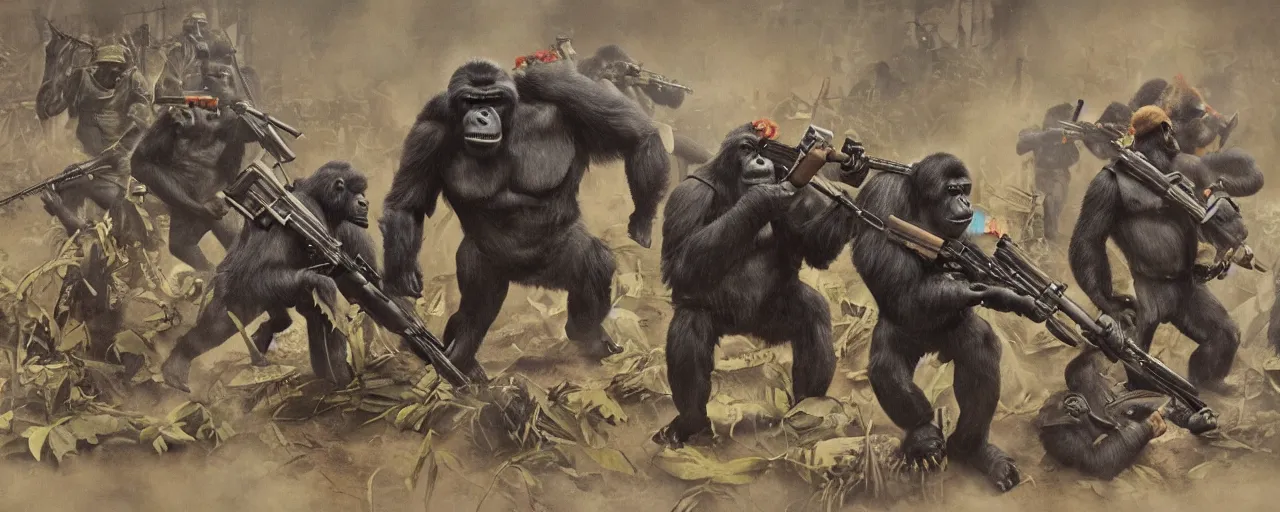 Prompt: militant gorilla soldiers are plundering a small town, beautiful render, war time, colorful,