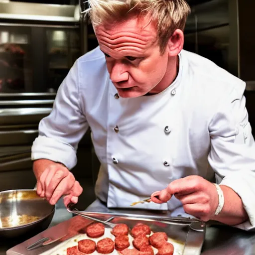 Image similar to gordon ramsey eating sausages with sauce and not liking it, high quality photograph, photorealist F1.8