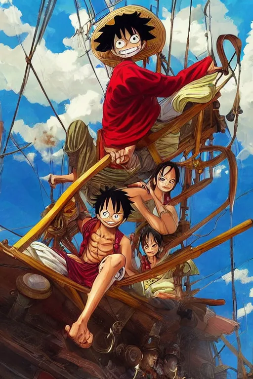 Image similar to Luffy from One Piece with friends on a pirate ship, highly detailed, digital painting, artstation, concept art, sharp focus, illustration, art by artgerm and greg rutkowski and alphonse mucha