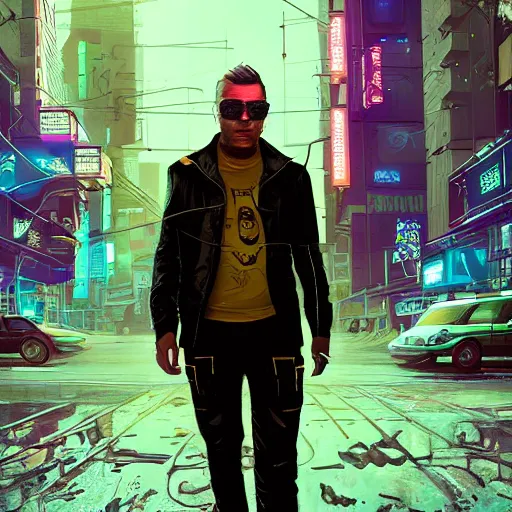 Image similar to alex o'connor in a cyberpunk city