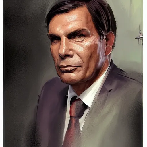 Prompt: retrato de jair bolsonaro, usando terno e gravata com um background em chamas, by greg rutkowski