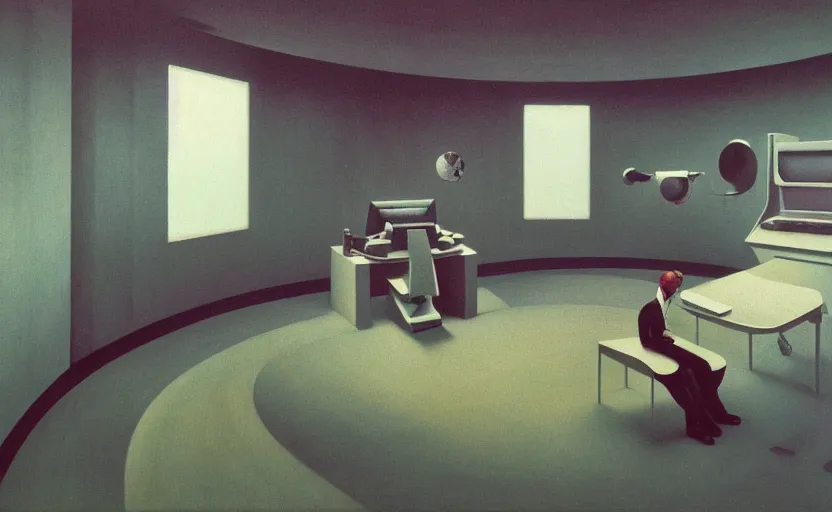 Prompt: Inside futuristic minimalist spaceship with computers, Edward Hopper and James Gilleard, Zdzislaw Beksinski, Mark Ryden, Wolfgang Lettl highly detailed, hints of Yayoi Kasuma