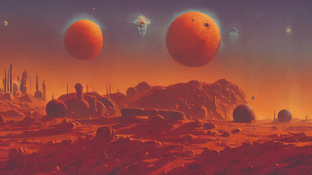 Image similar to mars colony by paul lehr and john schoenherr, cinematic matte painting