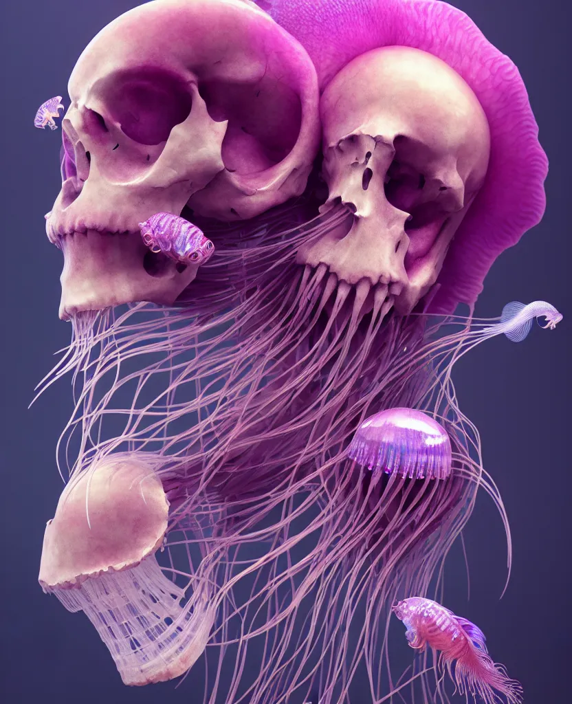 Image similar to goddess close - up portrait human skeleton, ram skull, jellyfish, orchid, betta fish, bioluminiscent, intricate artwork by tooth wu and wlop and beeple. octane render, trending on artstation, greg rutkowski very coherent symmetrical artwork. cinematic, hyper realism, high detail, octane render, 8 k