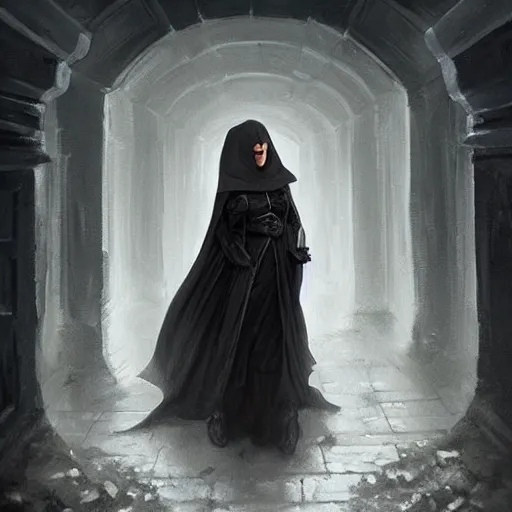 Prompt: a painting of a woman in a dark cloak sneaking in an alley, an ultrafine detailed painting by magali villeneuve, featured on polycount, altermodern, dystopian art, mist, official art