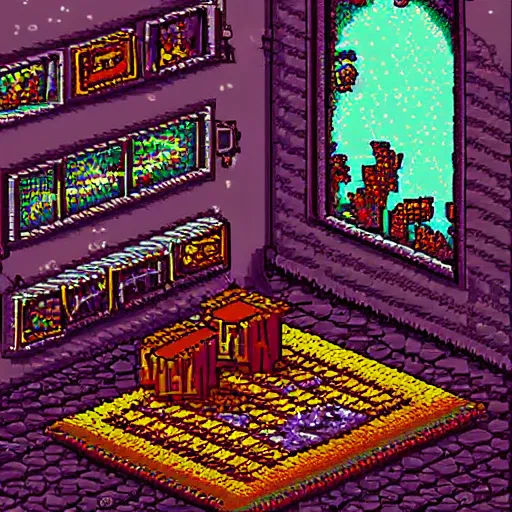 Image similar to 9 0 s bedroom, beautiful detailed pixel art, intricate details, beautiful, dithered gradients, volumetric lighting, smooth, sharp focus, 2 d illustration, old school computer game graphics, crpg, d & d, pixel art