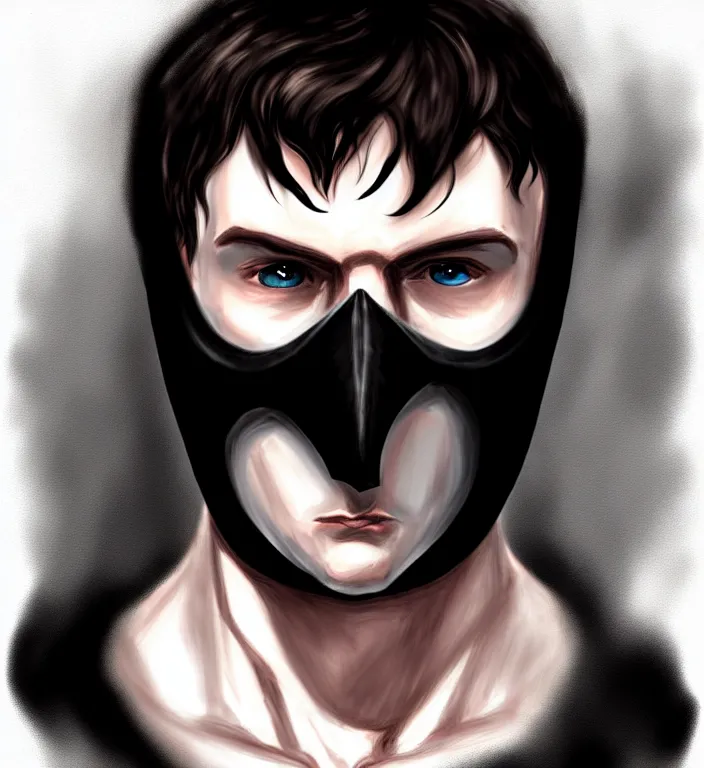 Prompt: white man with black fabric mask, short dark hair, true anatomy!, digital painting, style of lord of the ring!!!