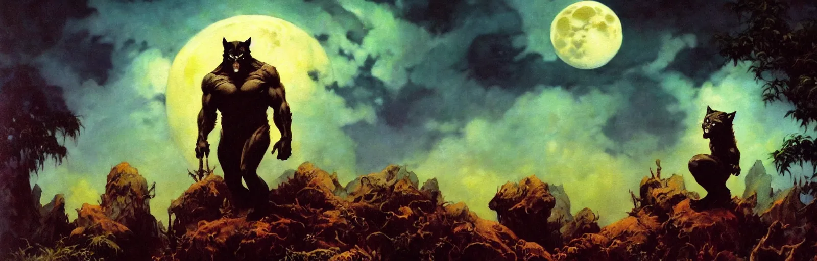 Prompt: frazetta close up of werewolf realistic full body backlight panoramic portrait textured oil painting jungle cyan graveyard foggy background with dramatic sky clouds and giant oversized moon and storm