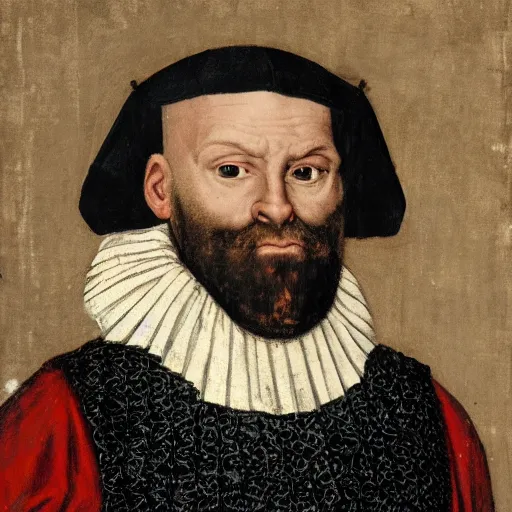 Image similar to medieval nobleman, bald with a black beard and a serious look on his face.