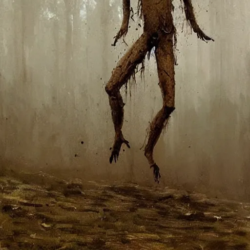 Image similar to painting by jakub rozalski of a muddy rooted humanoid creatures