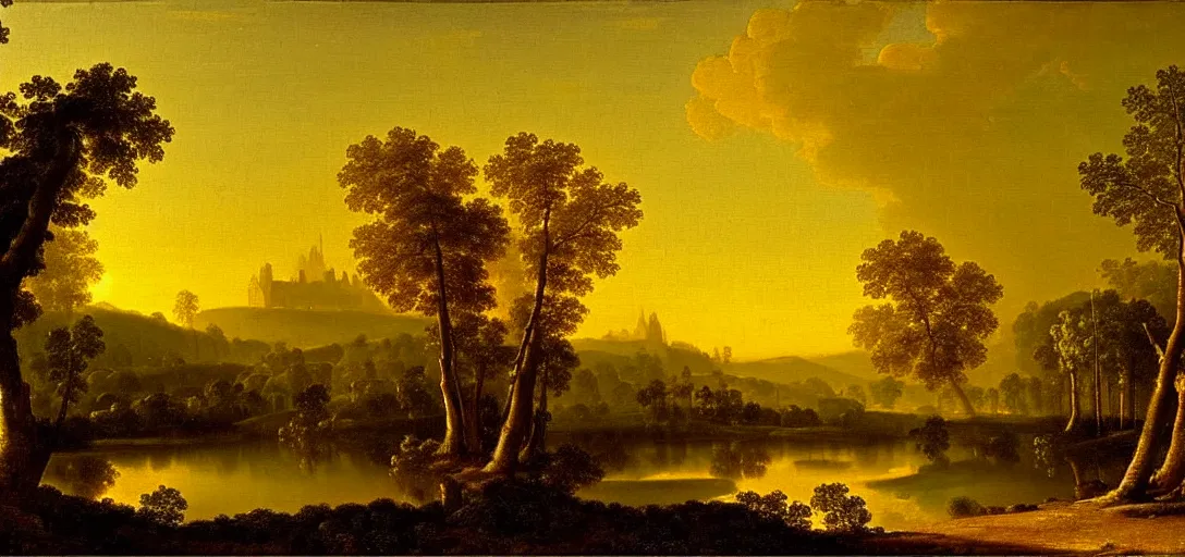 Image similar to a forest with diamond trees at sunset there is golden castle off in the distance, highly detailed landscape painting by claude lorrain, golden hour, misty ominous atmosphere