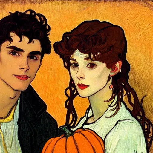 Image similar to painting of handsome young delicate beautiful jeffrey in his 2 0 s with brown hair and gorgeous rina together at the jack o'lantern halloween party holding pumpkins, elegant, clear, painting, stylized, art, art by alphonse mucha, vincent van gogh, egon schiele,