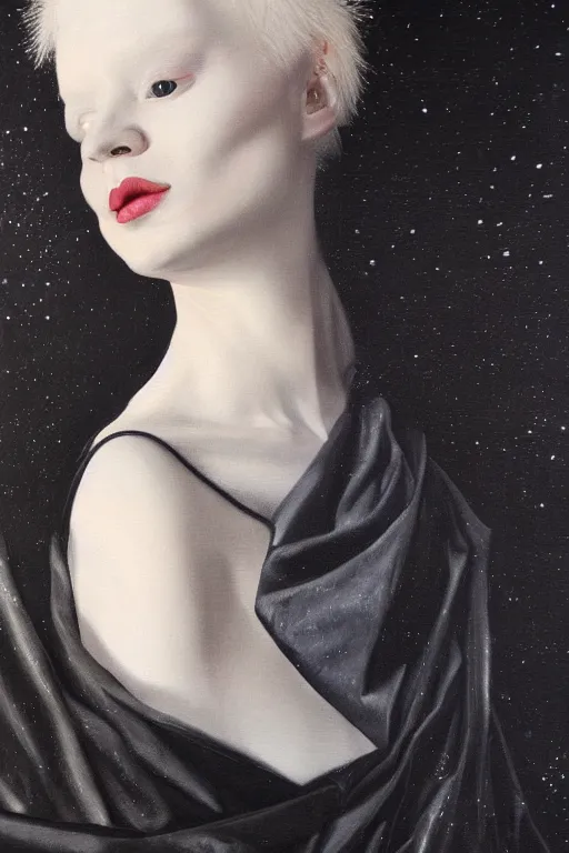 Image similar to hyperrealism oil painting, close - up portrait of albino medieval fashion model, black silk, steel gradient mixed with nebula sky, in style of baroque