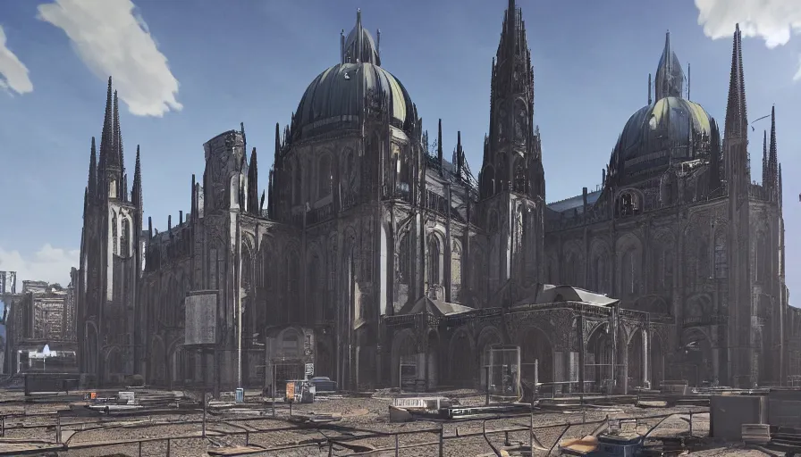 Image similar to neo - gothic berlin under construction, blue dome train station, worksite, sunny day, volumetric light, hyperdetailed, artstation, cgsociety, 8 k