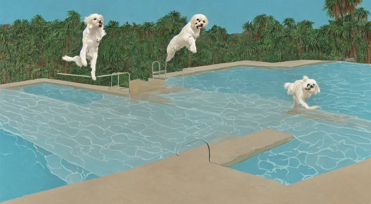 Prompt: medium shot of one cream colored havanese dog jumping from a diving board at a pool at a mid century modern house in palm springs by david hockney