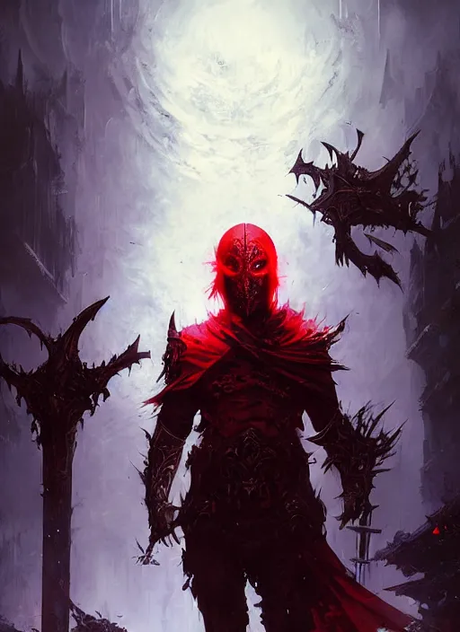 Image similar to male necromancer in a dark fantasy setting wearing a red mask, art by greg rutkowski, art by craig mullins, art by thomas kincade, art by Yoshitaka Amano