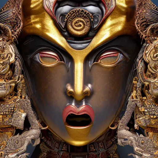 Image similar to naraka buddhist demon korean female, highly detailed, symmetrical long head, golden amber eyes, smooth marble surfaces, detailed ink illustration, raiden metal gear, cinematic smooth stone, deep aesthetic, concept art, post process, 4 k, carved marble texture and silk cloth, latex skin, highly ornate intricate details, in the style of 8 8 grzes