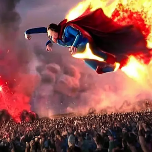 Prompt: epic photo of greta thunberg flying as superman destroying oil refinery with red laser vision. explosions and black smoke. cinematic realistic photographic epic lighting