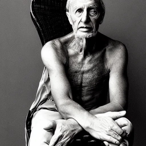 Prompt: charismatic, wise man, sitting on a chair, photo for vogue by annie liebovitz
