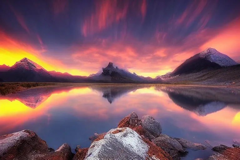 Image similar to amazing landscape photo of mountains with lake in sunset by marc adamus, beautiful dramatic lighting