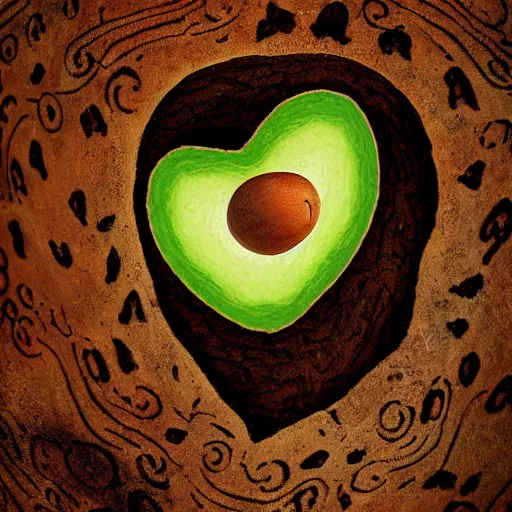 Prompt: realistic photo of a cave painting petroglyph of an avocado inside a heart, parietal art style, inside a cavern, cave painting, sepia colors